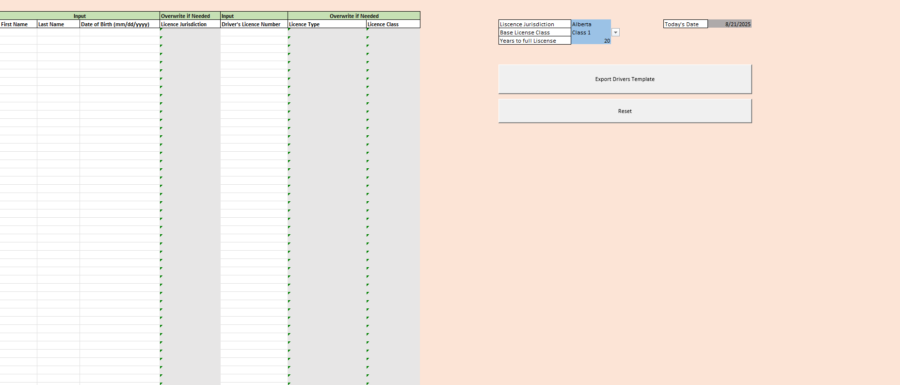 Drivers tab of Excel template