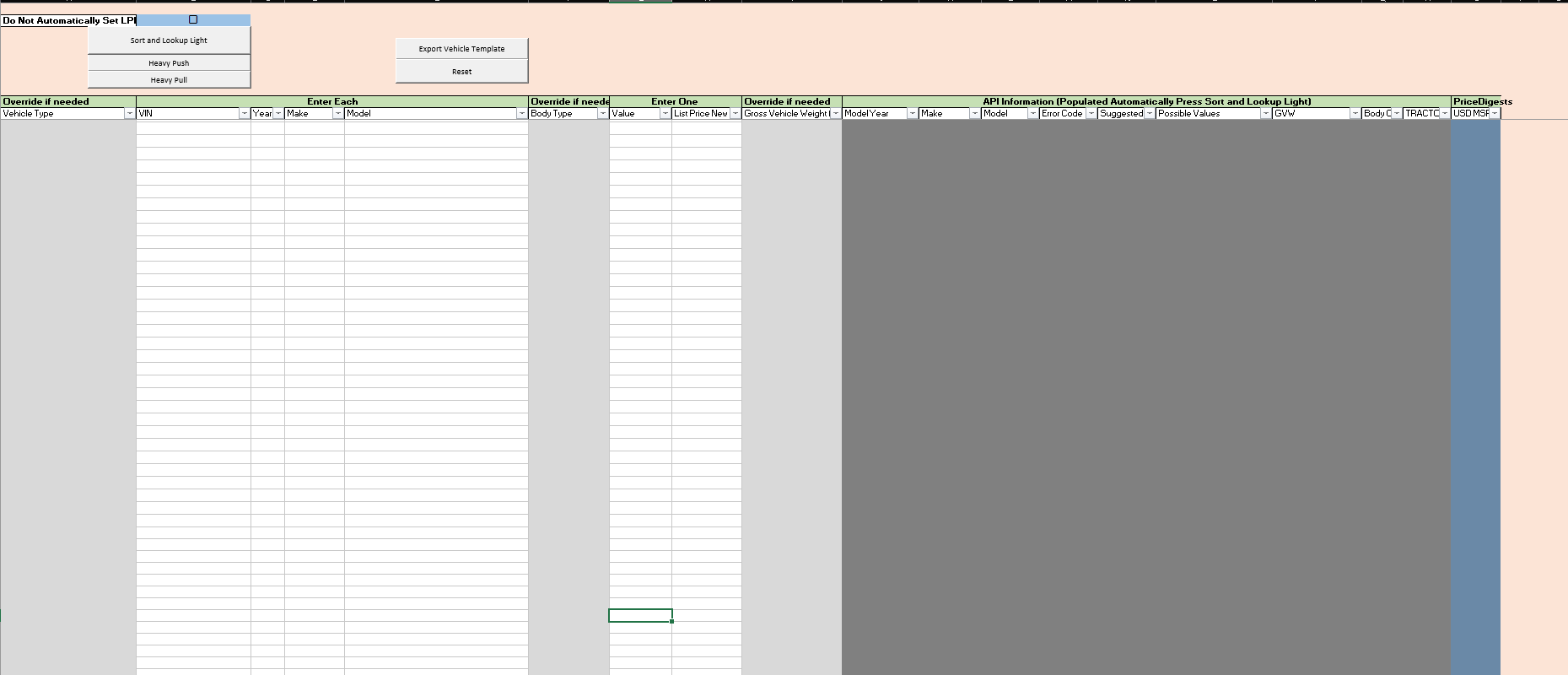 Vehicles tab of Excel template